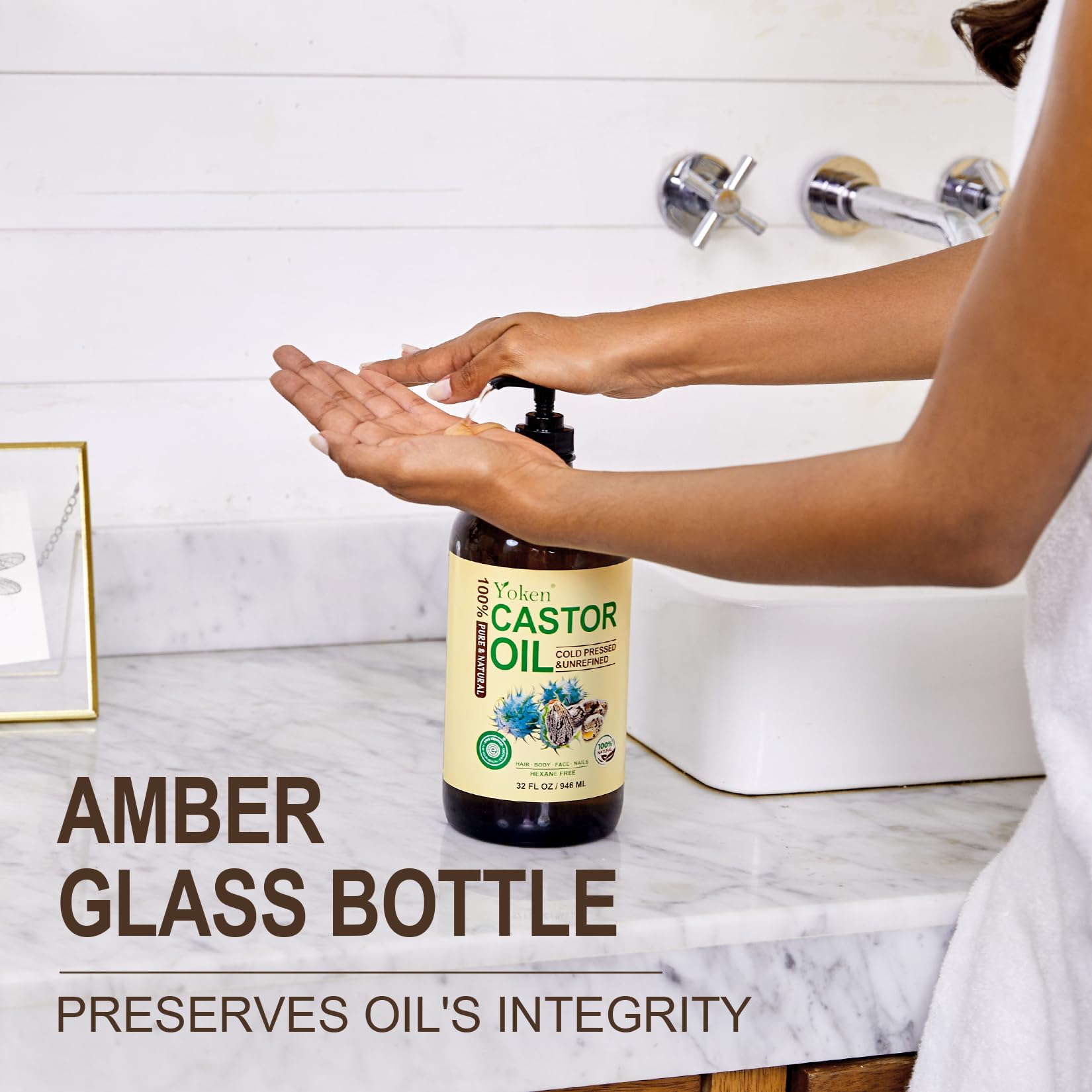 Yoken castor oil's rich texture penetrates skin for deep moisturization.
