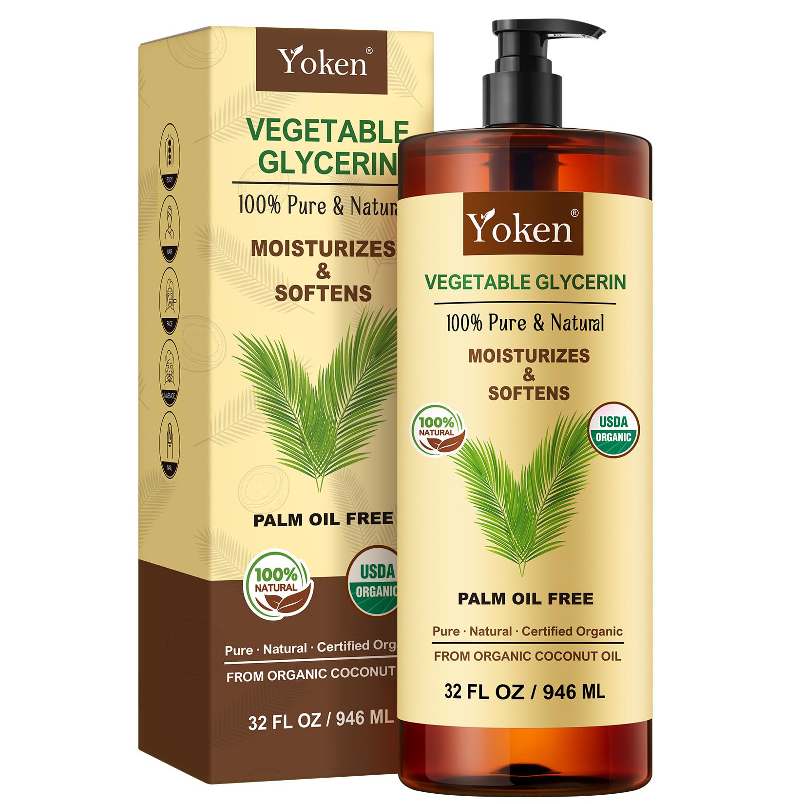 Yoken Glicerina Vegetal en botella de 946 ml para hidratación suave.