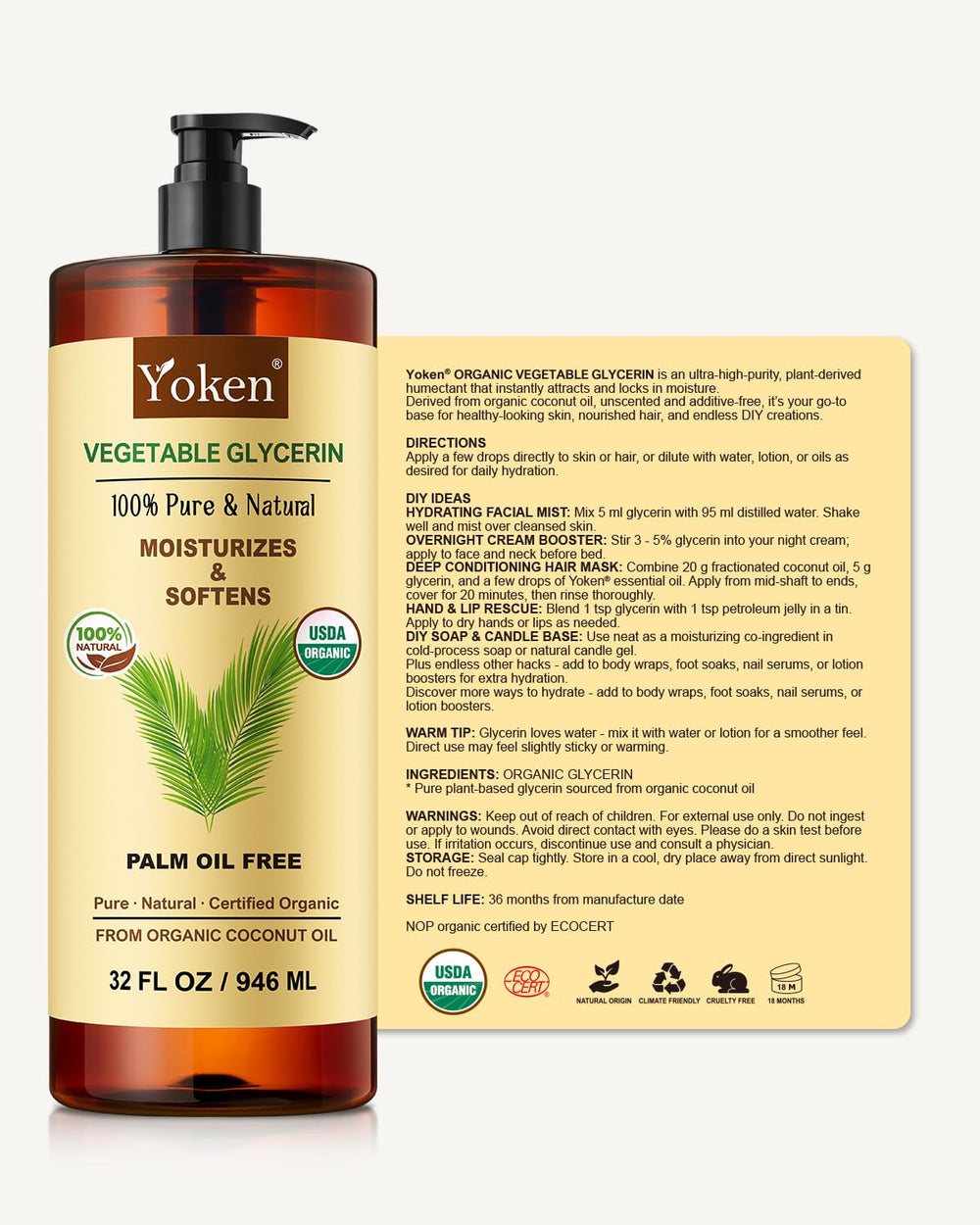 Yoken Glicerina Vegetal para cabello, aporta brillo y suavidad.