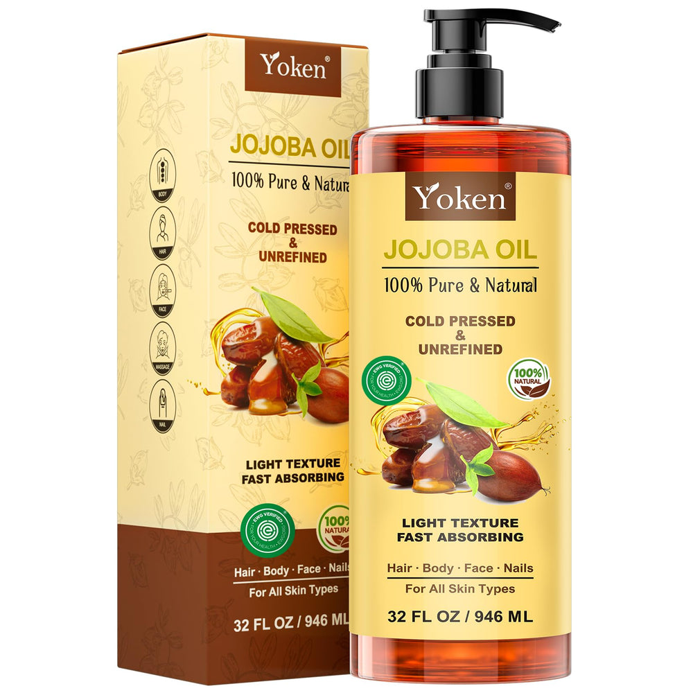 Yoken jojoba oil 32oz bottle with pump for easy, mess-free dispensing.