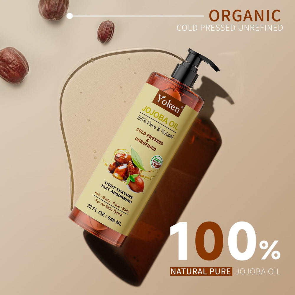 Golden, cold-pressed Yoken jojoba oil shown in a close-up.