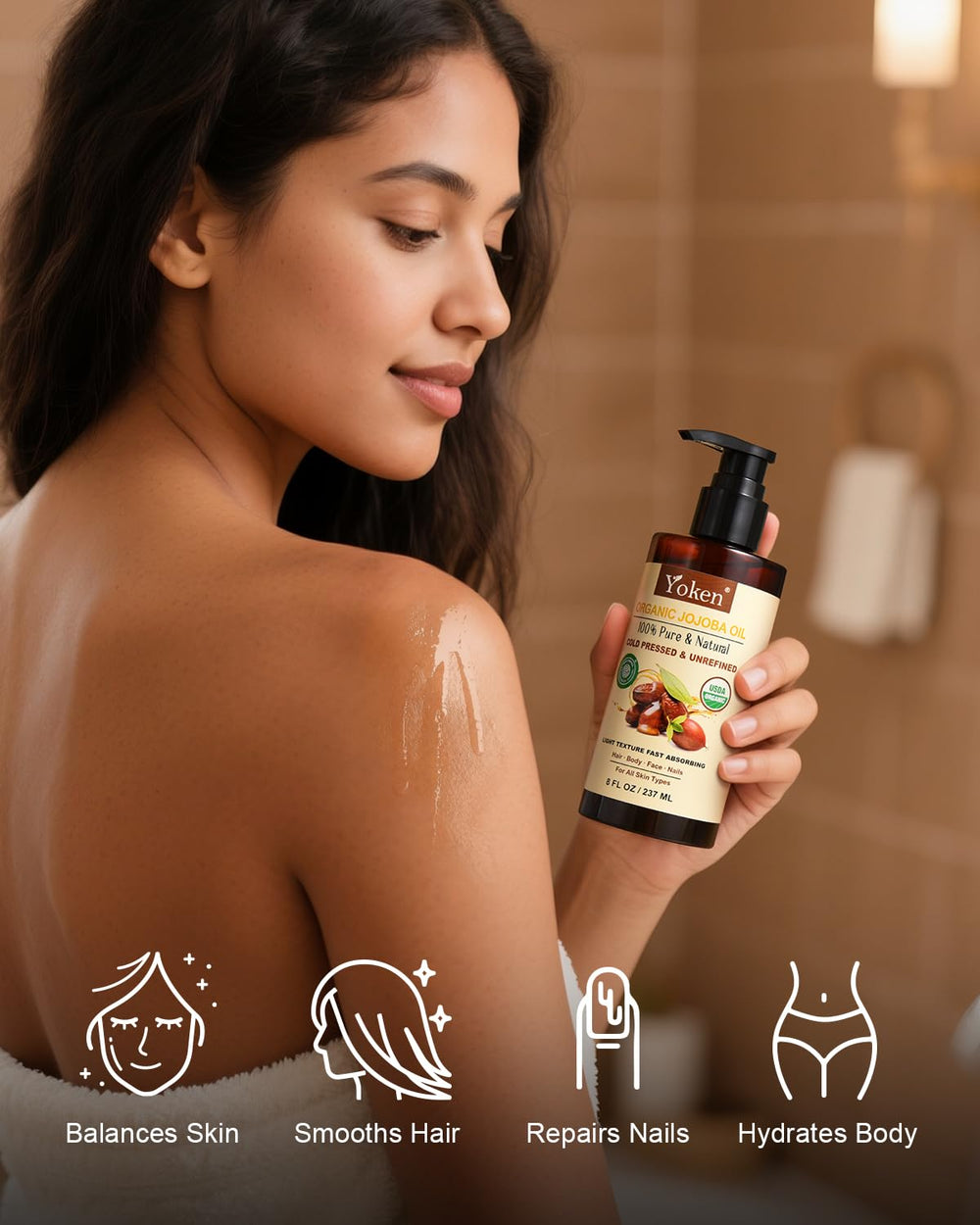 Yoken Jojoba Oil label emphasizes single-ingredient, cold-pressed, USDA Organic quality.