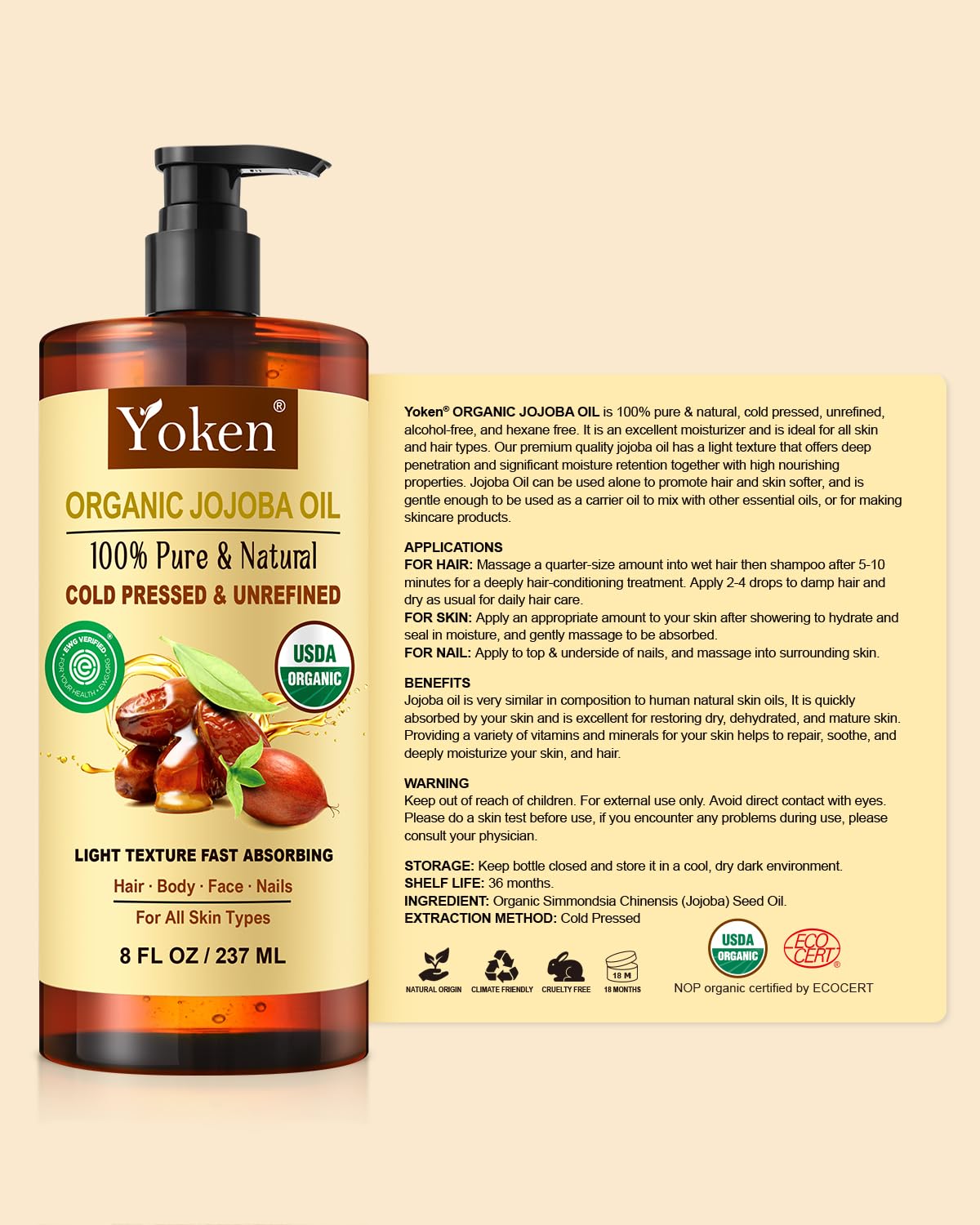 Yoken Jojoba Oil packaging reinforces cruelty-free, paraben-free skincare.