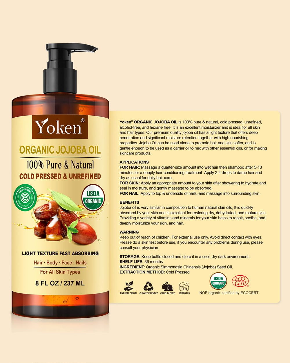 Yoken Jojoba Oil packaging reinforces cruelty-free, paraben-free skincare.