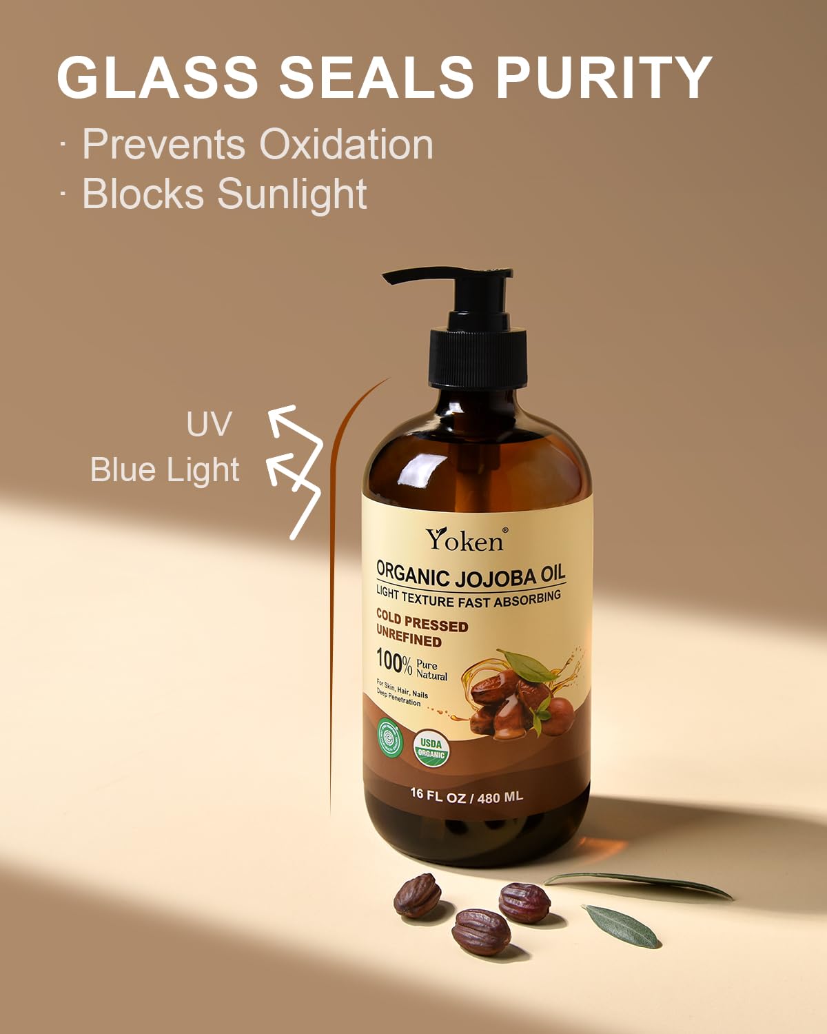Multipurpose Yoken jojoba oil used on face, hair, body, and nails.
