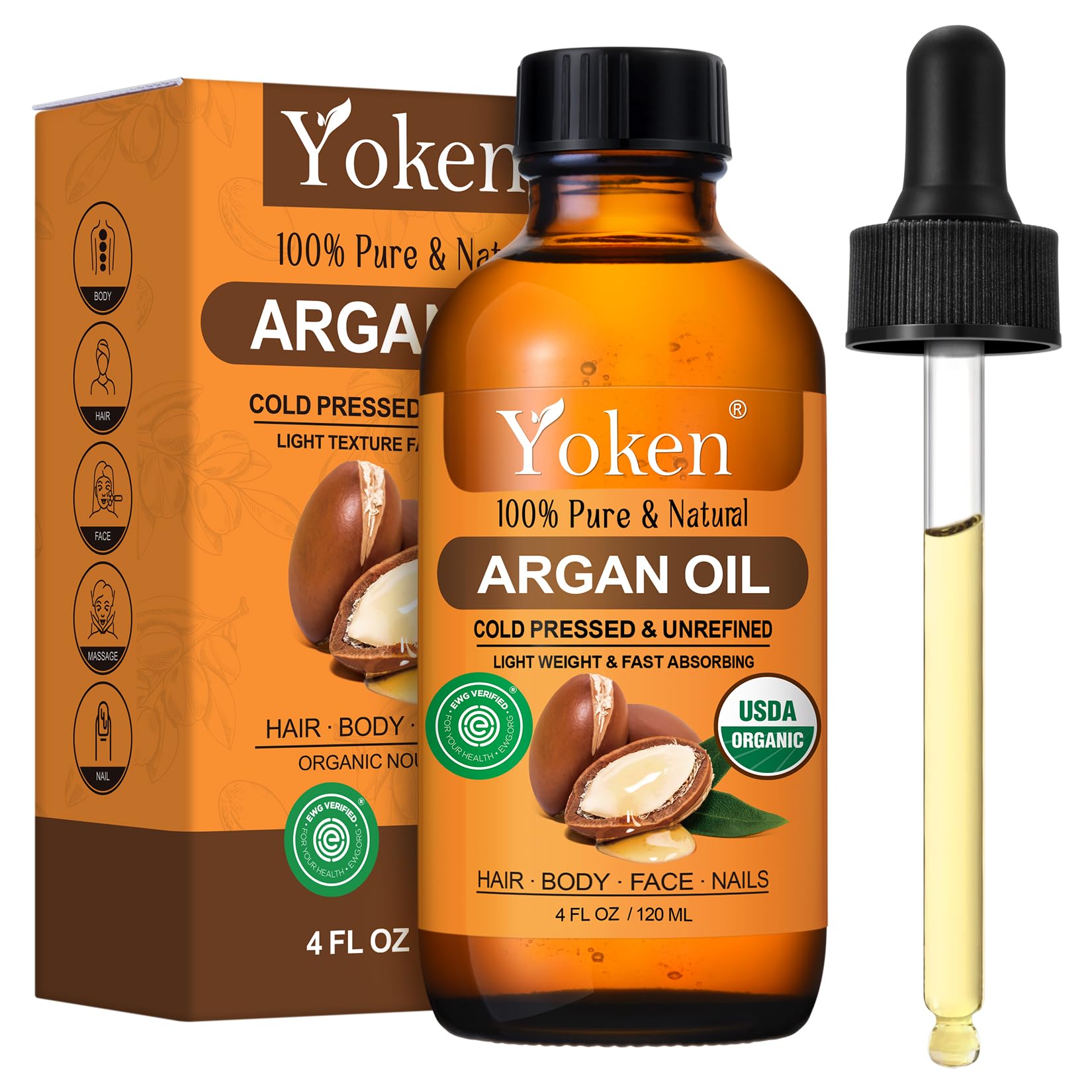Yoken Organic Argan Oil bottle for pure, cold-pressed nourishment of hair and skin.