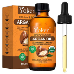 Yoken Organic Argan Oil bottle for pure, cold-pressed nourishment of hair and skin.
