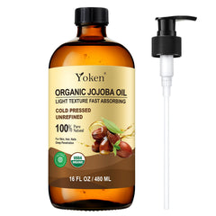 Yoken Organic Jojoba Oil bottle shows its clear, pure formula for skin and hair care.