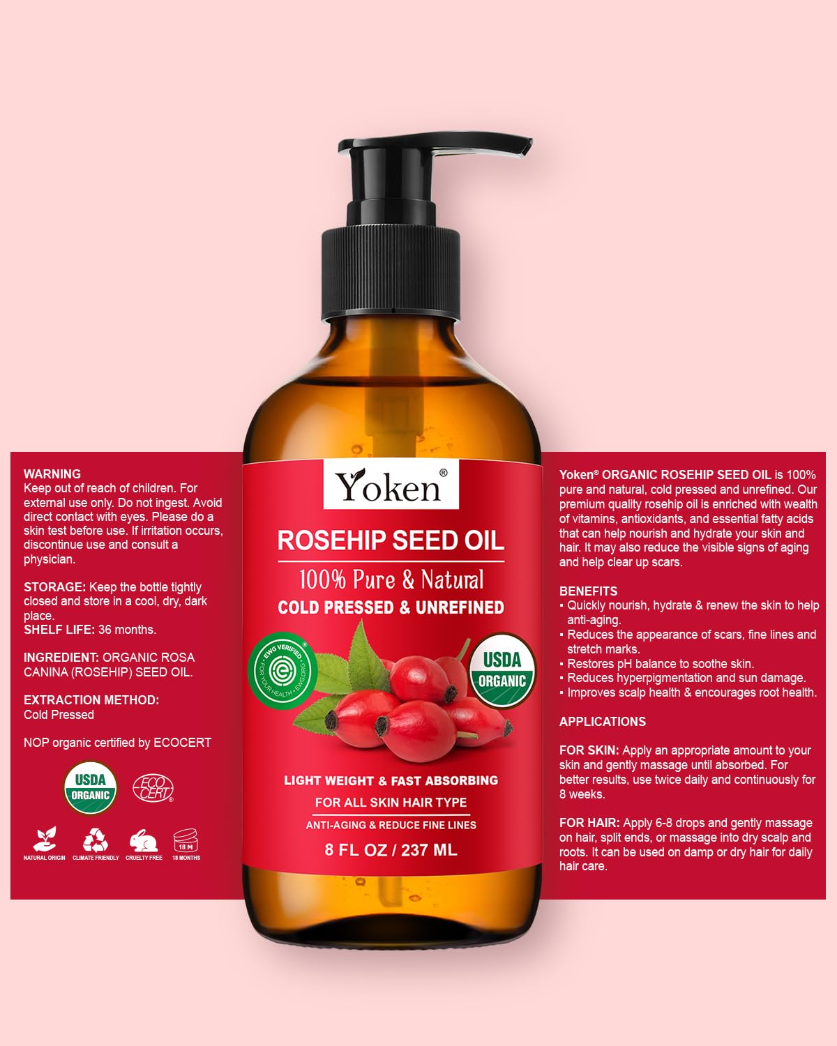 Yoken Aceite Rosa Mosqueta: ingrediente base para ritual de belleza diario.