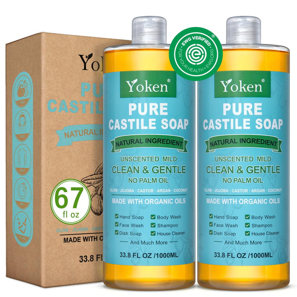 Yoken Pure Castile Soap bottle shows unscented, multipurpose cleaning.