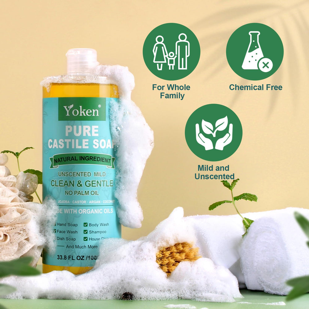 Kitchen sink with Yoken soap used for dishes and cleaning.