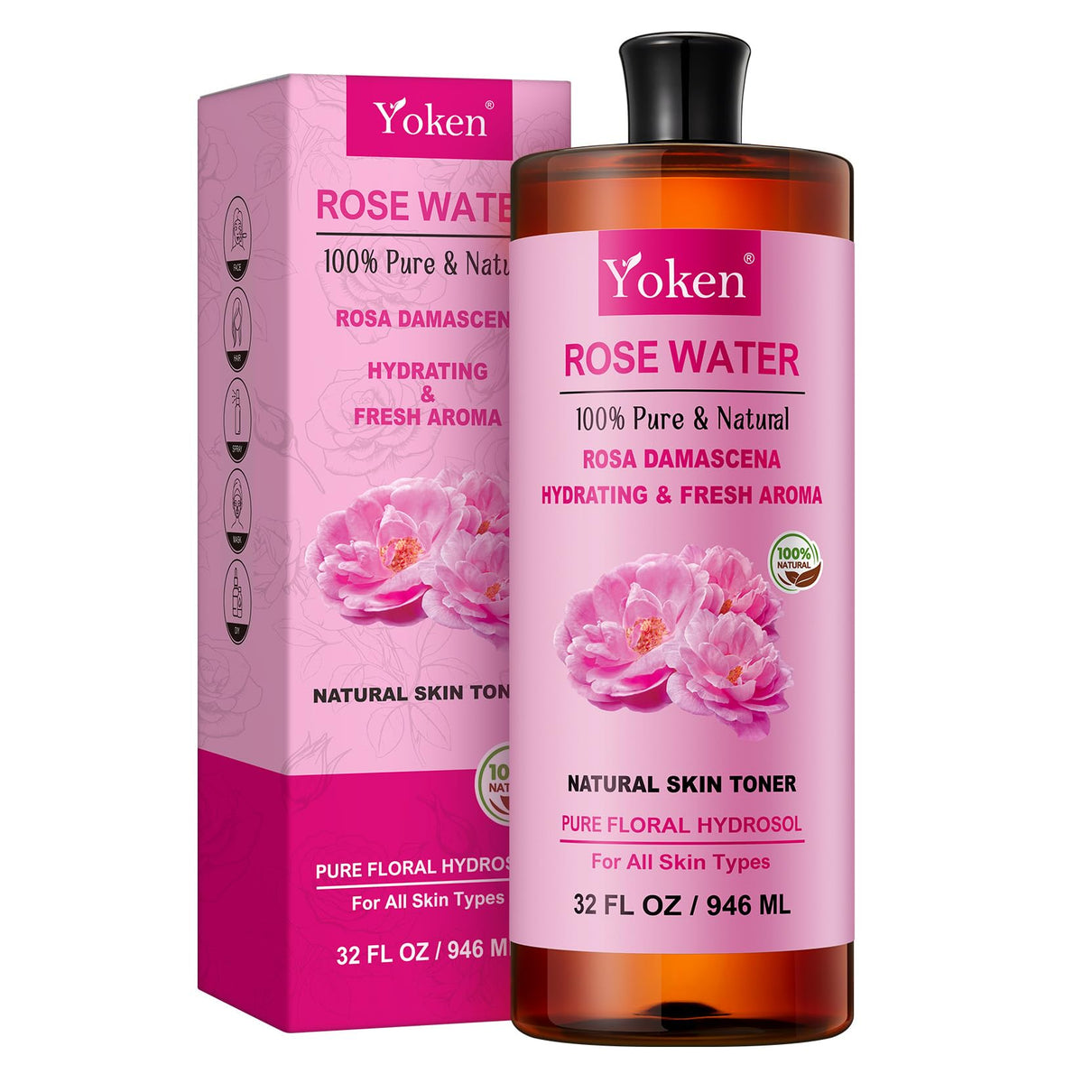 Yoken Pure Rose Water Toner bottle in 32 fl oz bulk for daily-use hydration