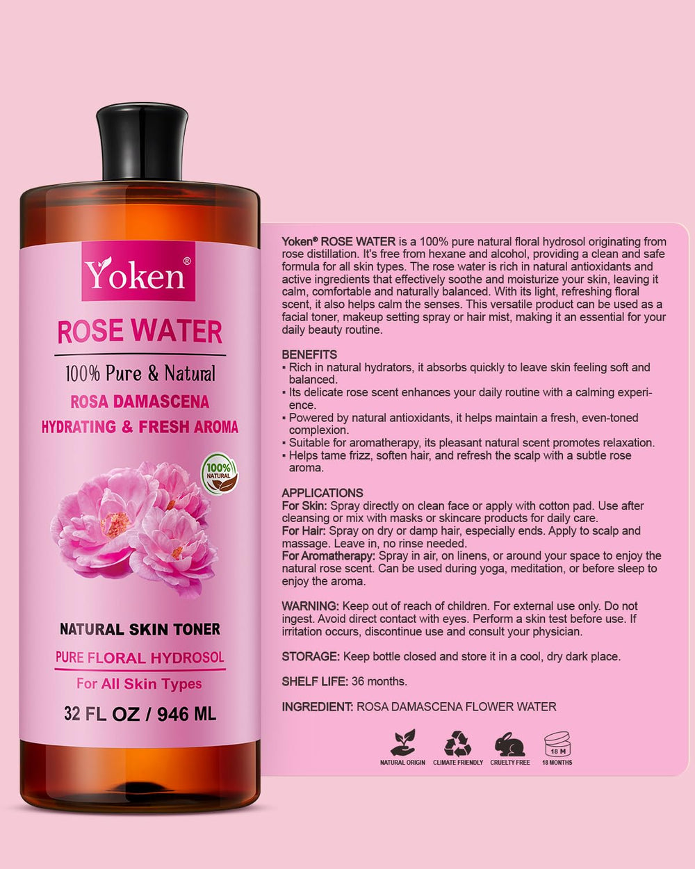 Yoken Rose Water 32 fl oz bulk supports repeat skincare or aromatherapy