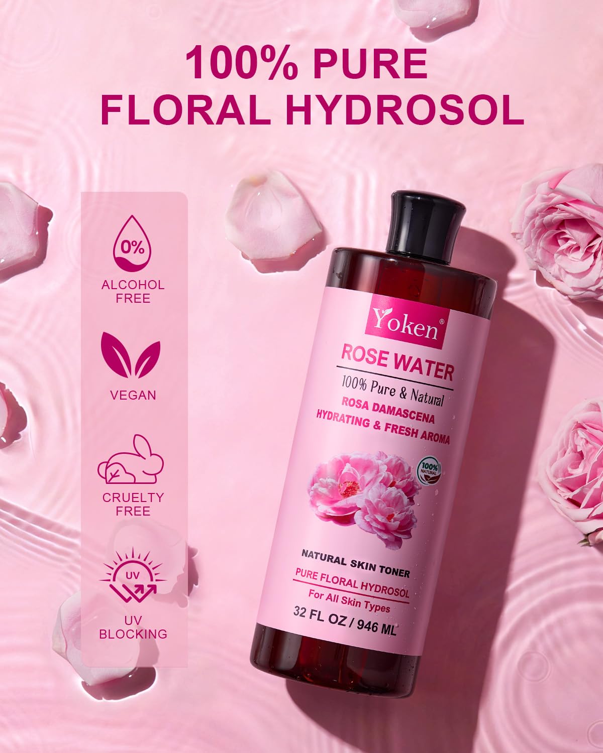 Amber bottle protects Yoken rose hydrosol from light exposure
