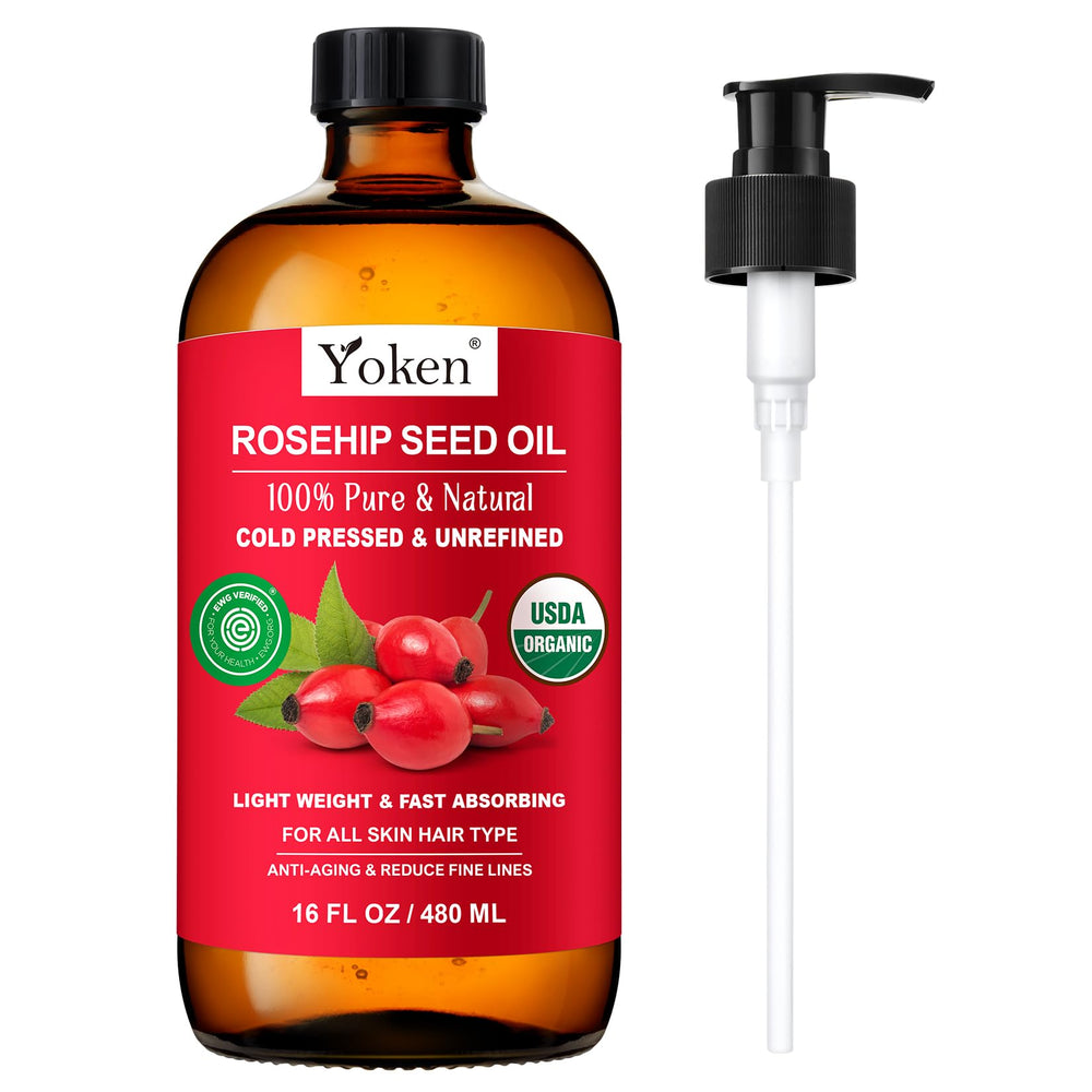 Yoken Rosehip Oil in an amber glass bottle preserves purity for skin and body care.