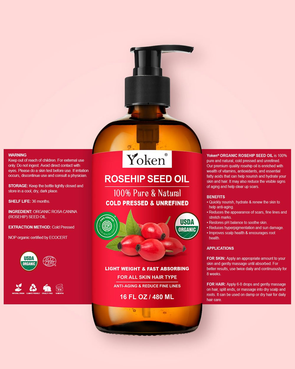 Yoken Rosehip Oil blends well in DIY skincare and massage formulas.