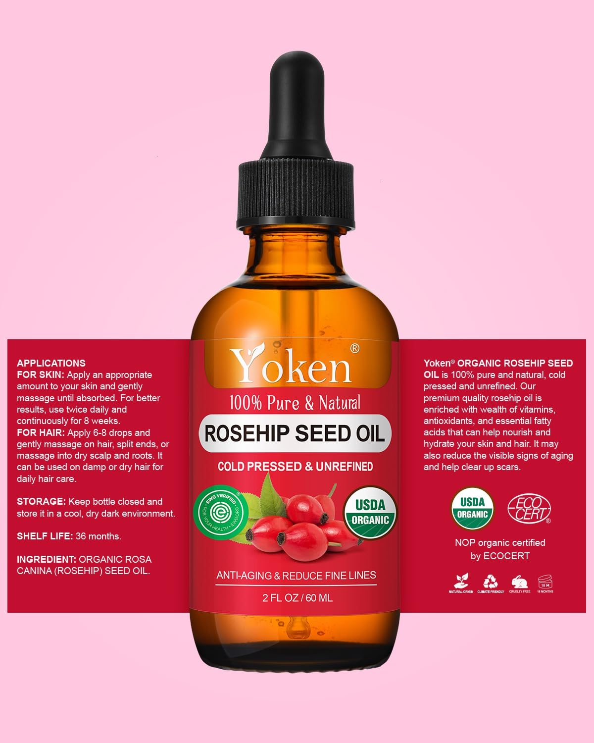 Yoken Rosehip Oil used on hair and nails for nourishment.