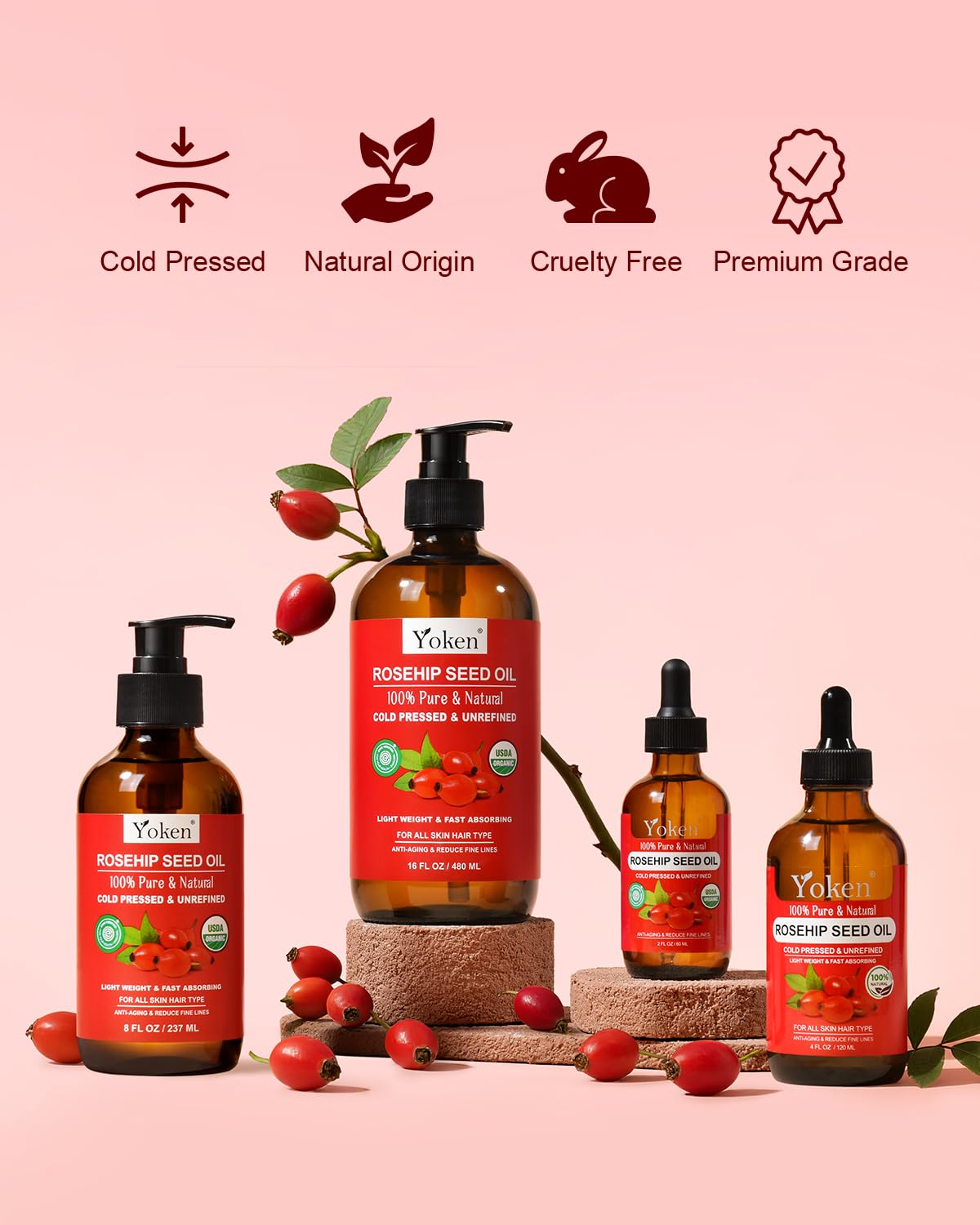 Yoken Rosehip Oil supports nails and cuticles for smoother surfaces.