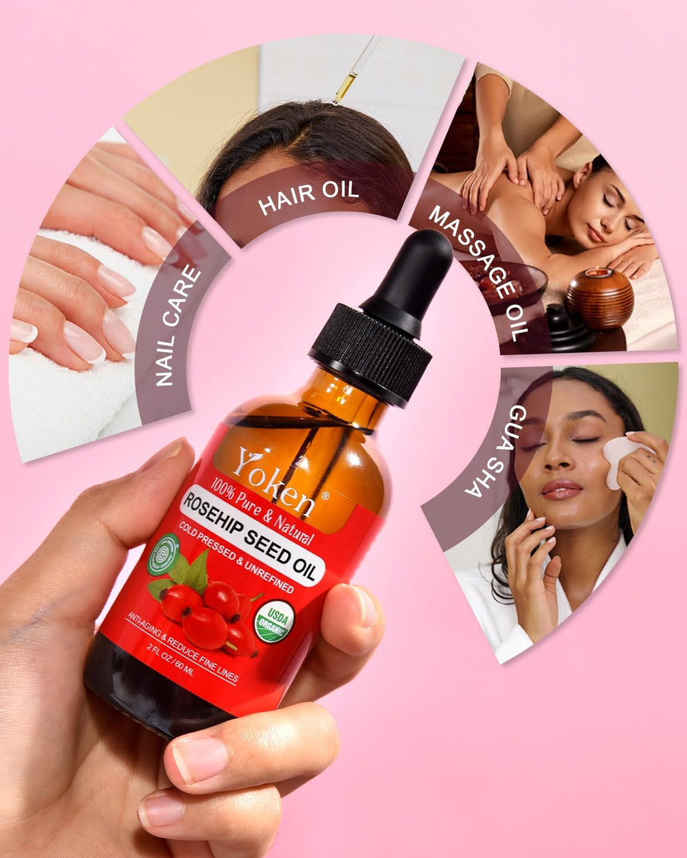 Packaging of Yoken Rosehip Oil highlighting purity and natural origin.