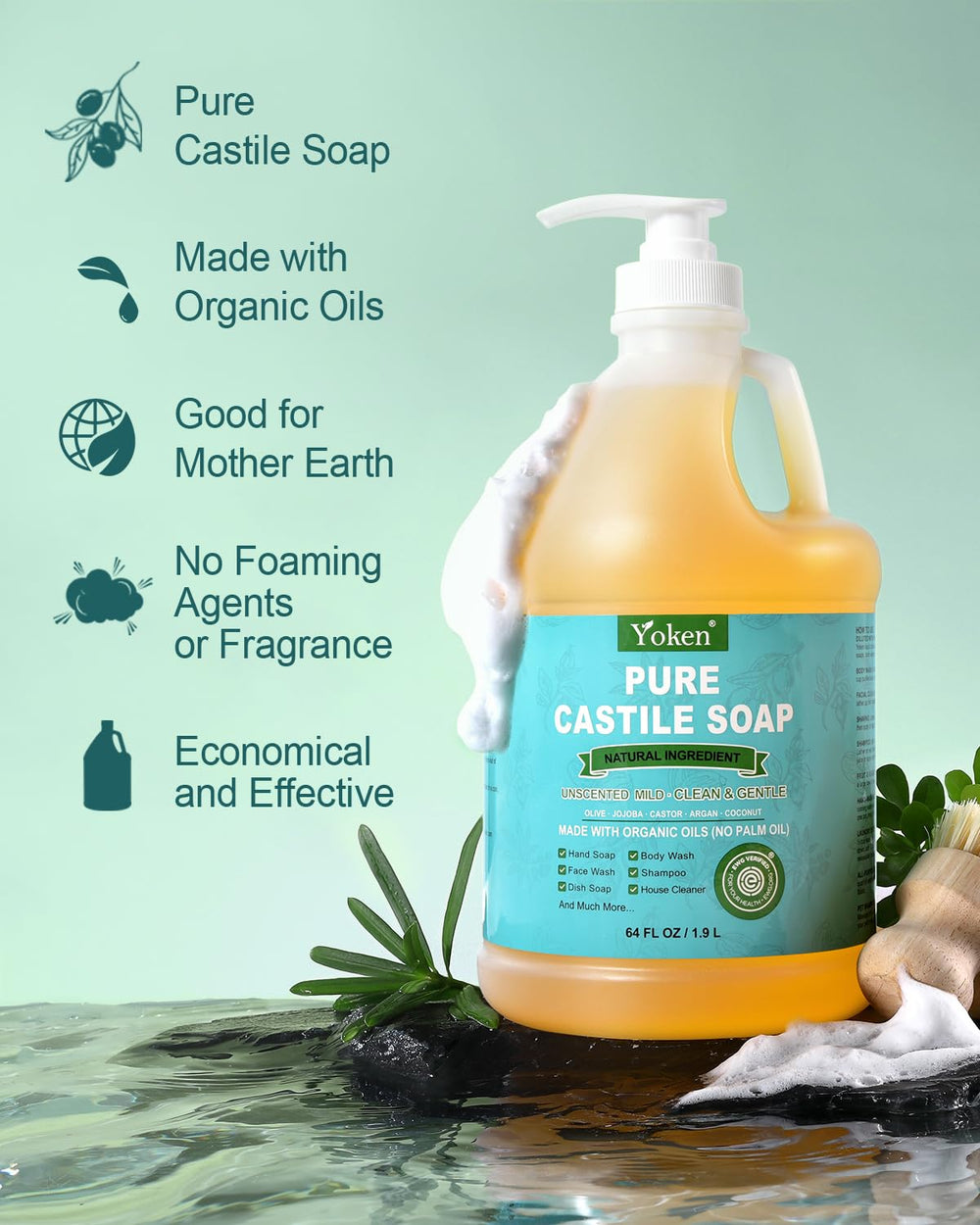 Yoken unscented castile soap lather close-up highlights creamy foam for gentle cleansing.