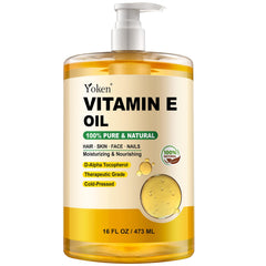 Yoken Vitamin E Oil 16oz bottle shown for easy daily hydration and care.