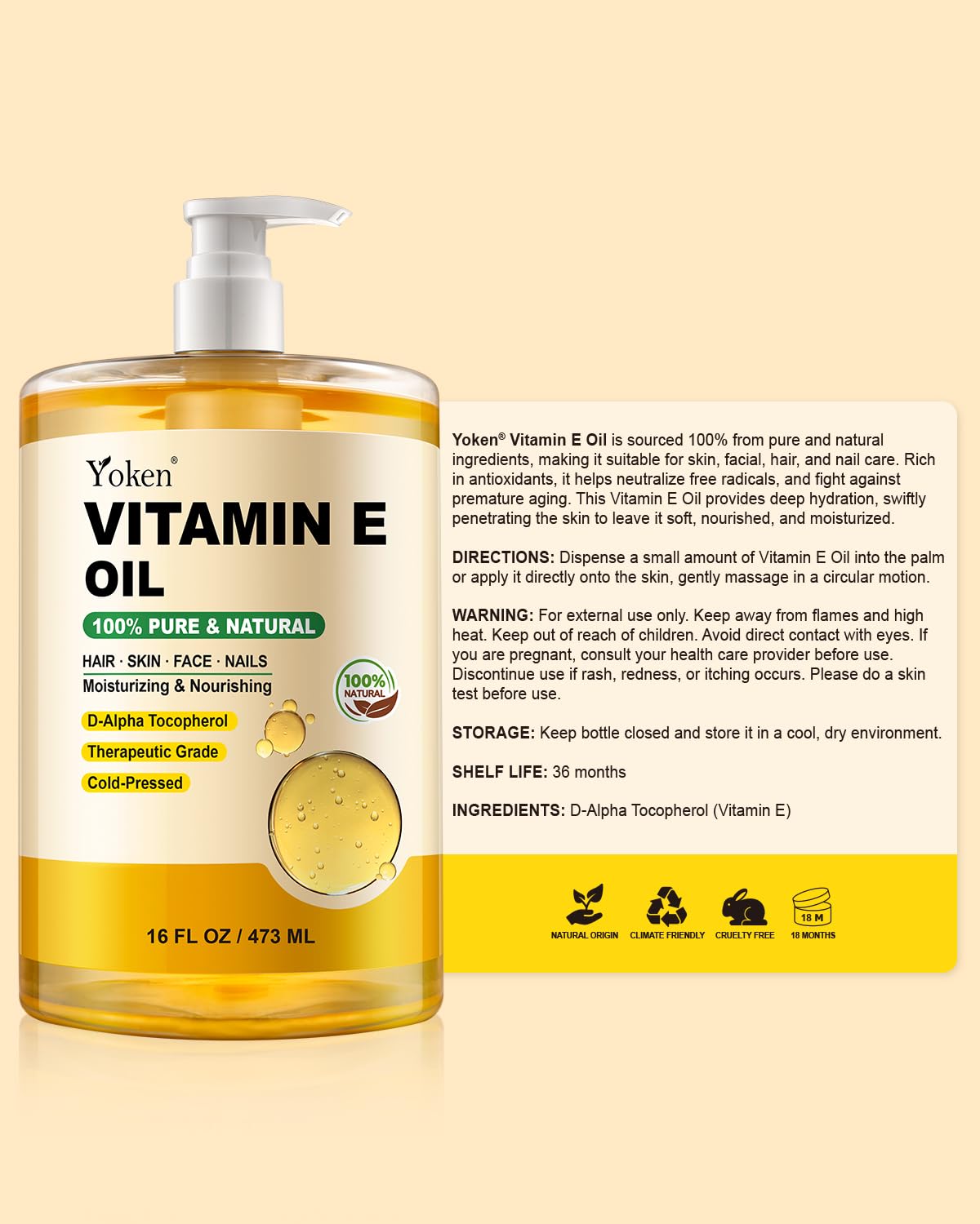 Yoken Vitamin E Oil cruelty-free label highlights ethical sourcing.