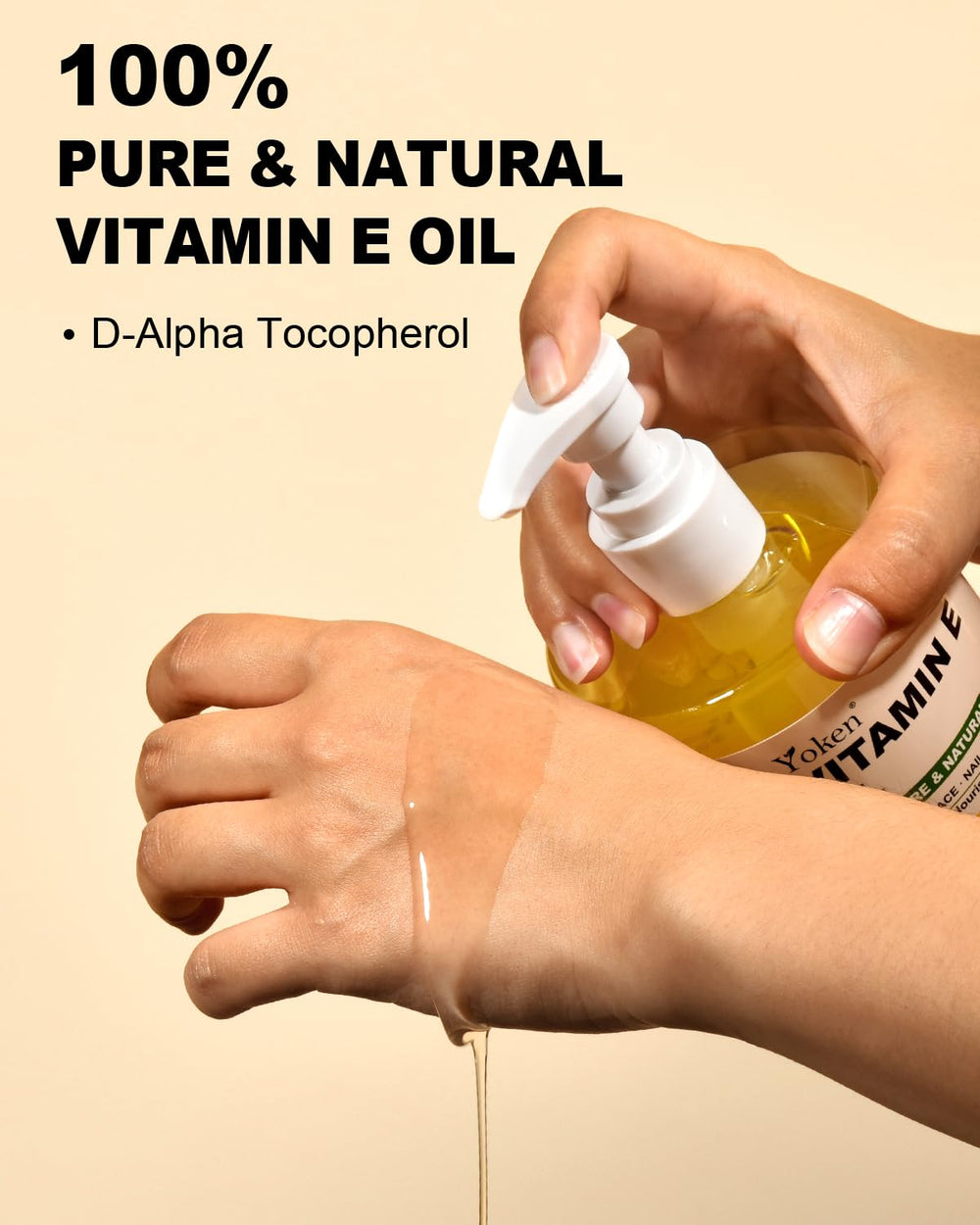 Yoken Vitamin E Oil applied to face and body for soft, hydrated skin.