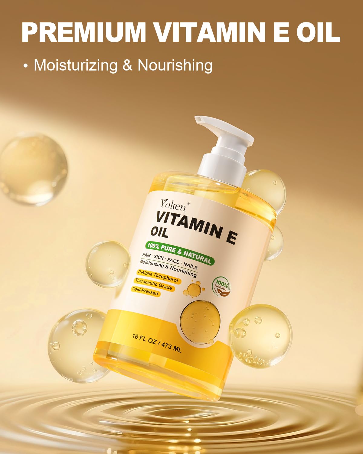 Yoken Vitamin E Oil pump top enables clean, controlled application.