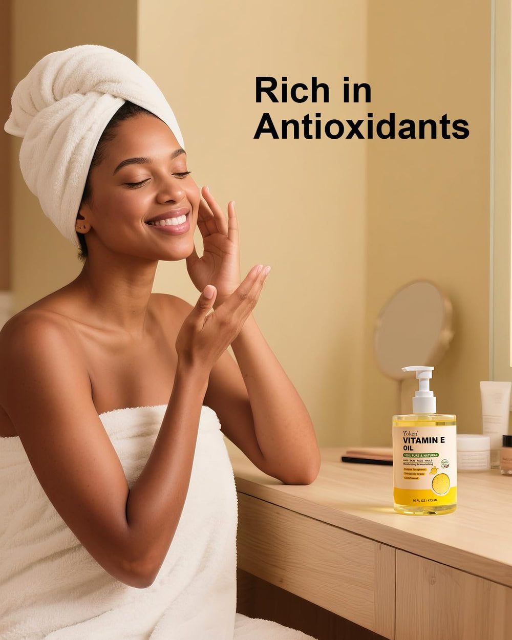 Yoken Vitamin E Oil delivering a hydrated glow on the skin.