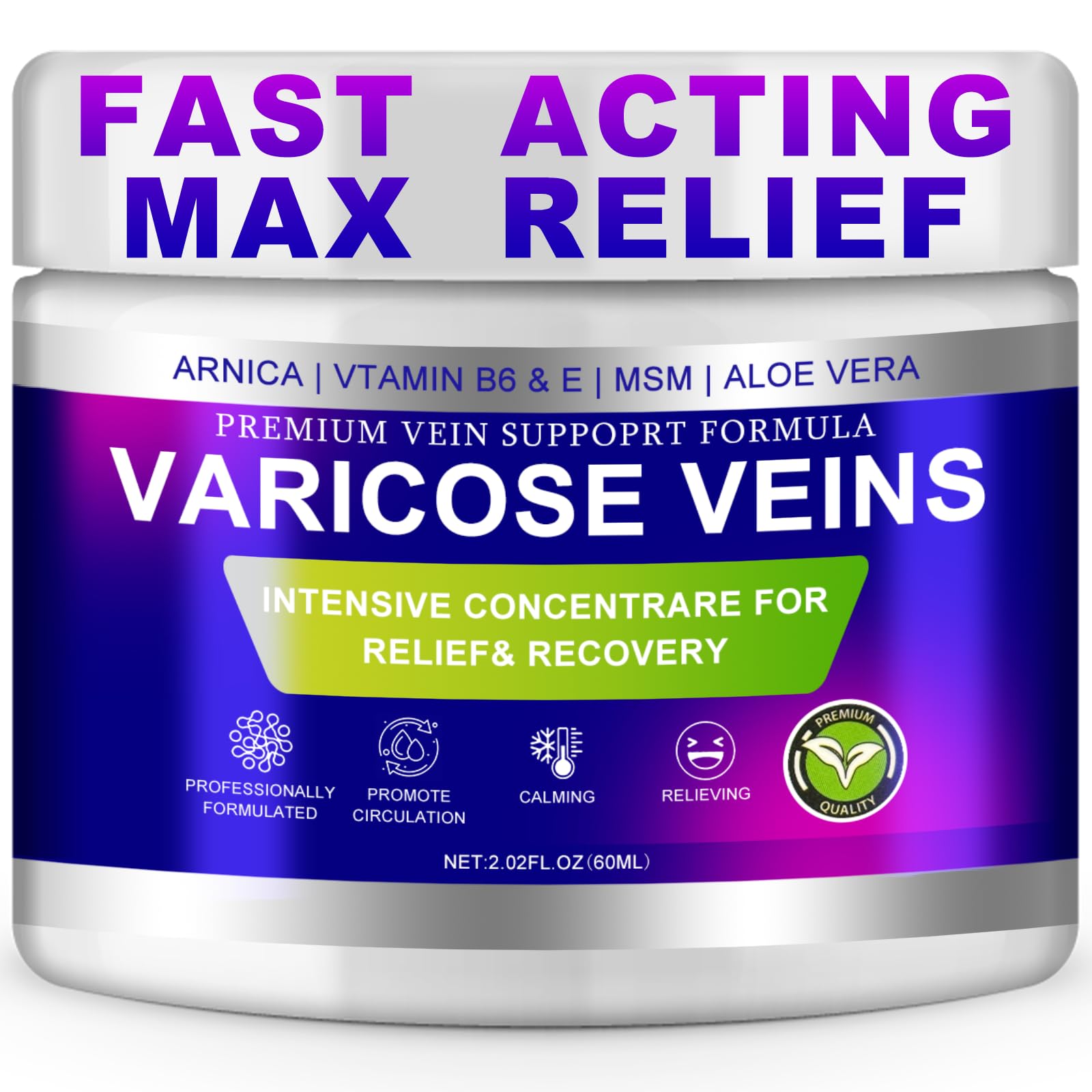 Yongsenina crema para varices, frasco, mejora circulación y alivio a piernas cansadas.