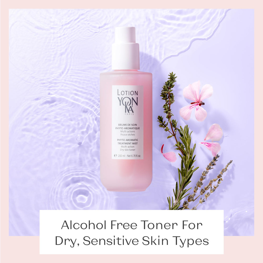 Product label highlighting alcohol-free and paraben-free formula of Yonka toner.