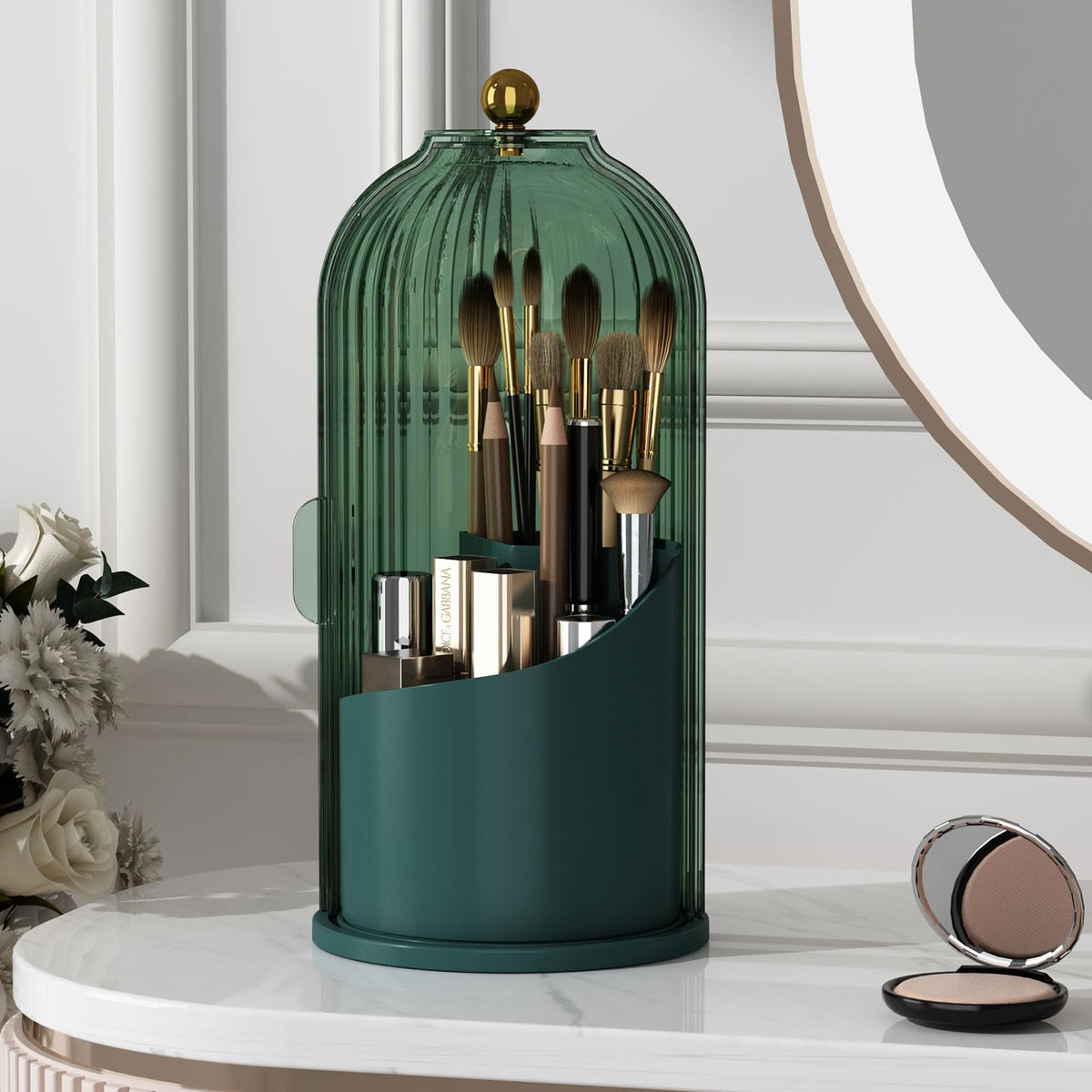 YOOLENS makeup brush holder with lid shows 360-degree rotating access for brushes.