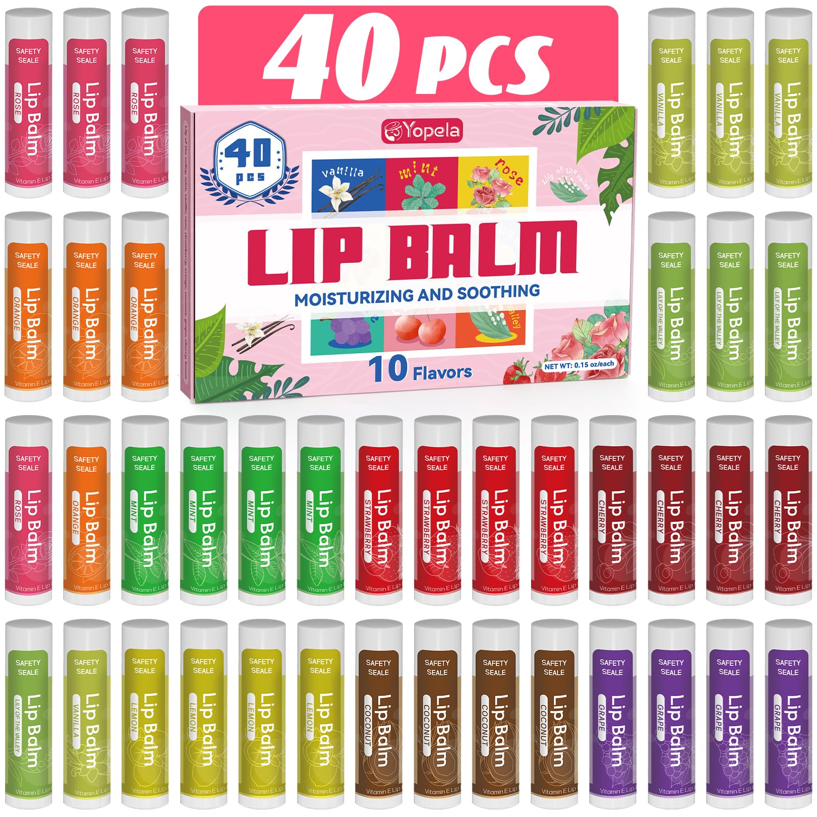 Yopela 40-pack natural lip balm with vitamin E and coconut oil for rich hydration.