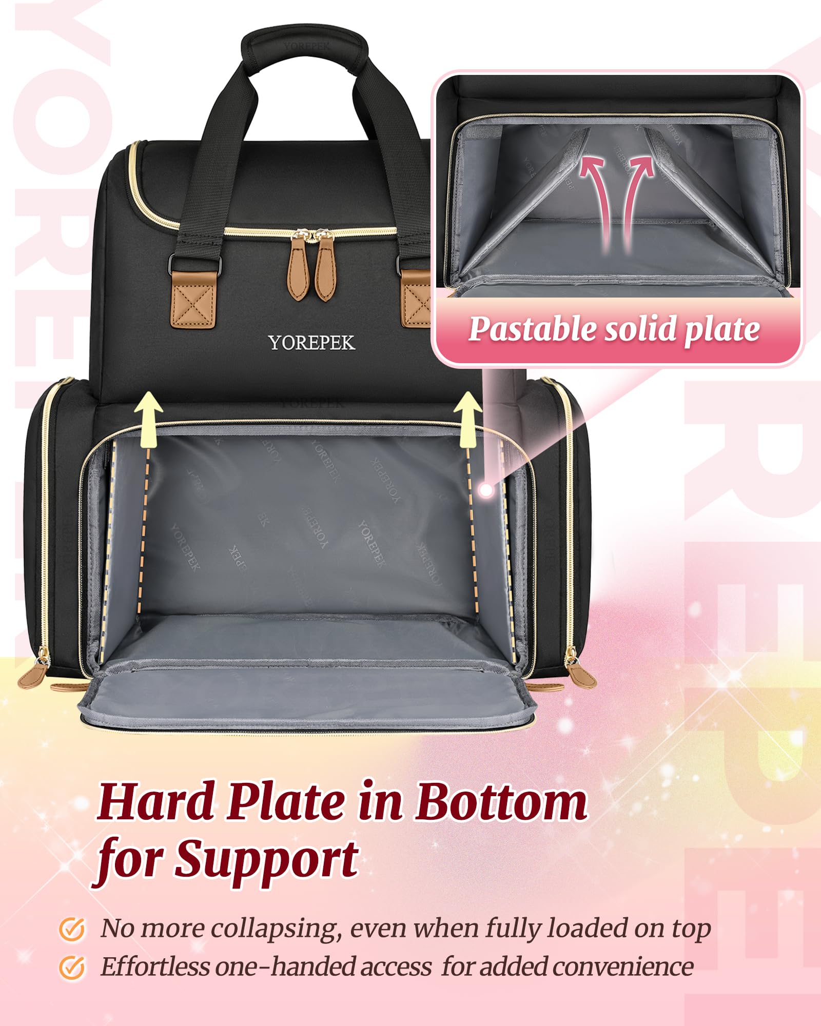 YOREPEK solid-bottom plates reinforce stability for fully-loaded storage.