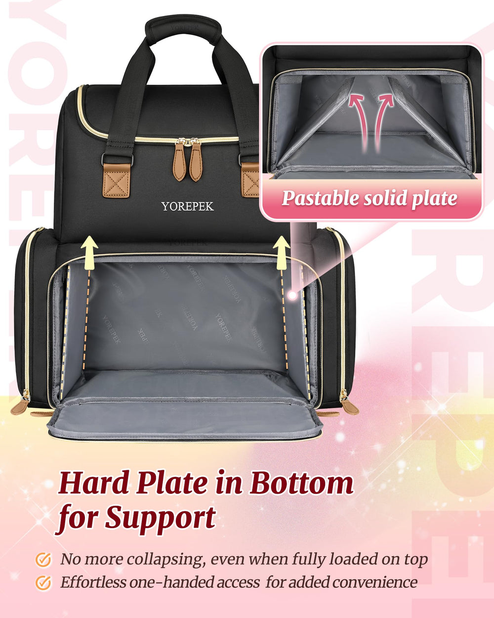 YOREPEK solid-bottom plates reinforce stability for fully-loaded storage.