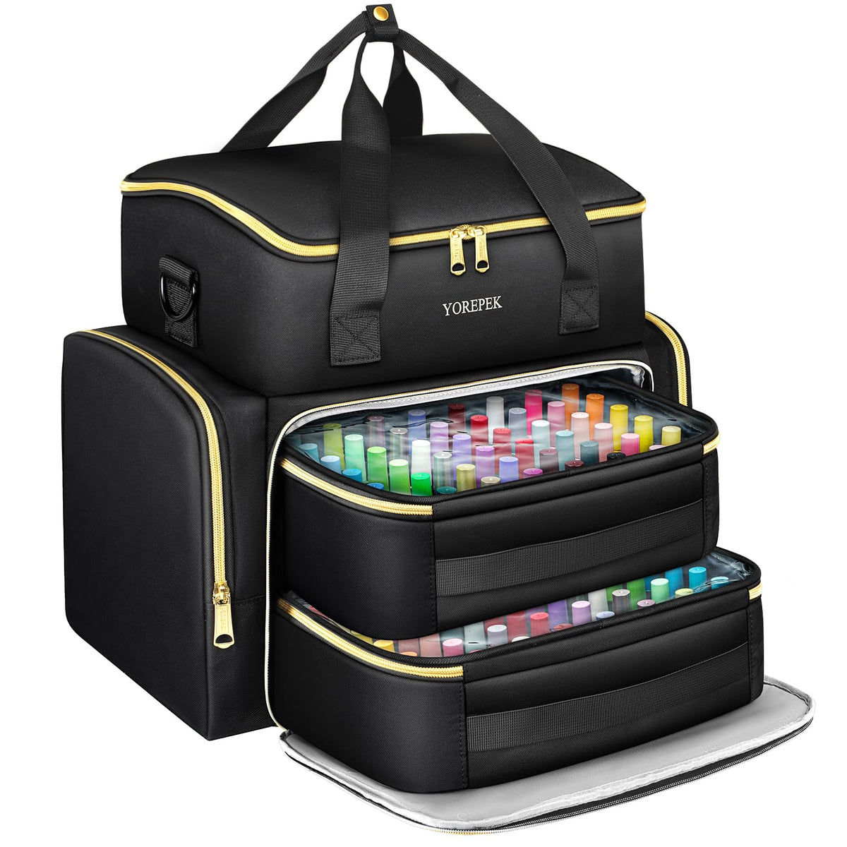 YOREPEK nail polish organizer case showing capacity for up to 100 bottles on the go