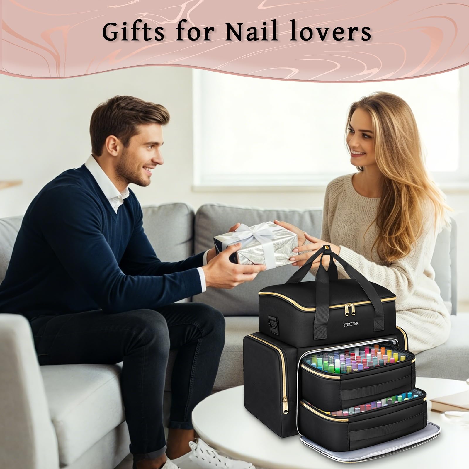 Two removable pouches with sponge slots for nail art supplies