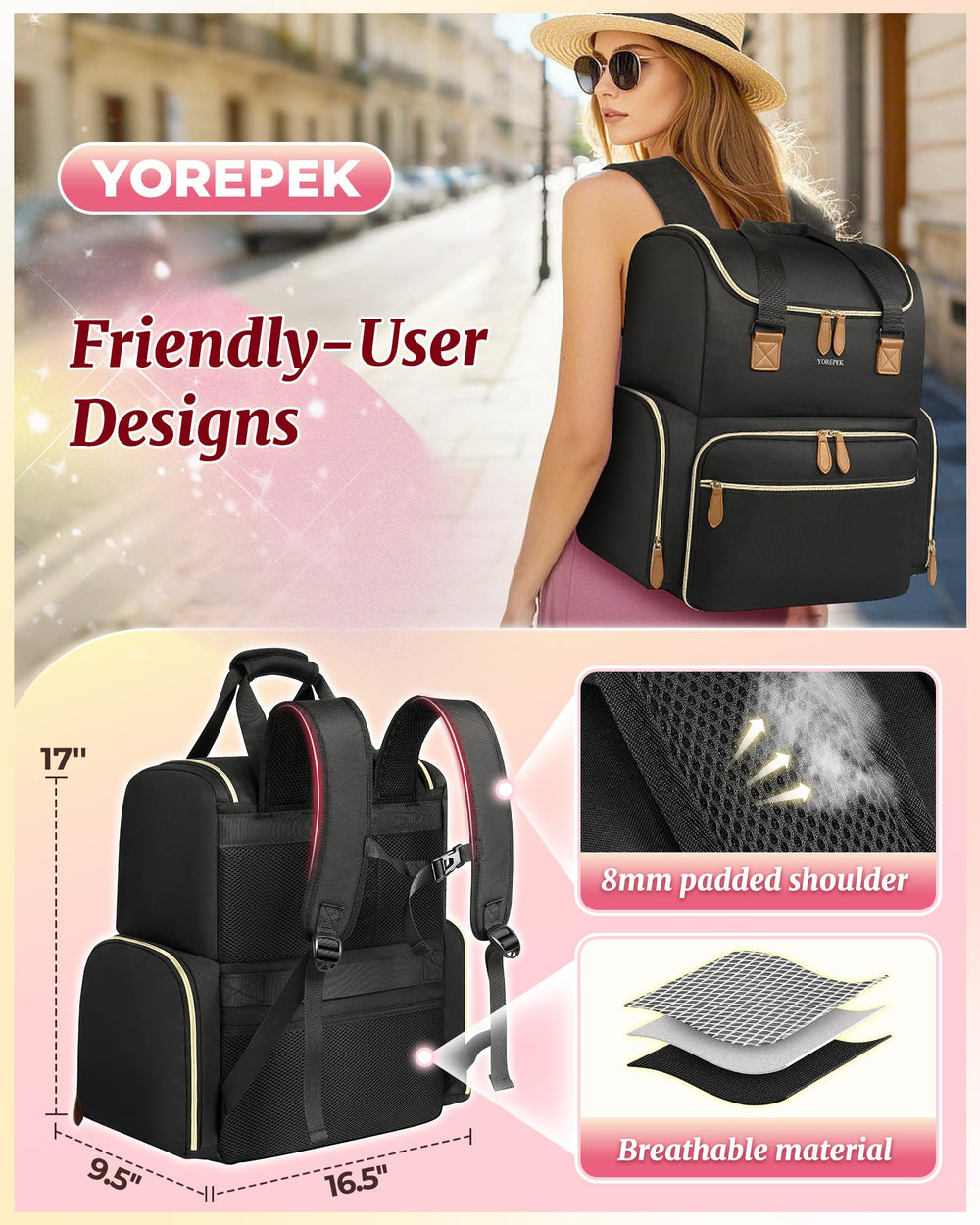 YOREPEK side pockets and mesh compartments organize brushes, files, and tips.