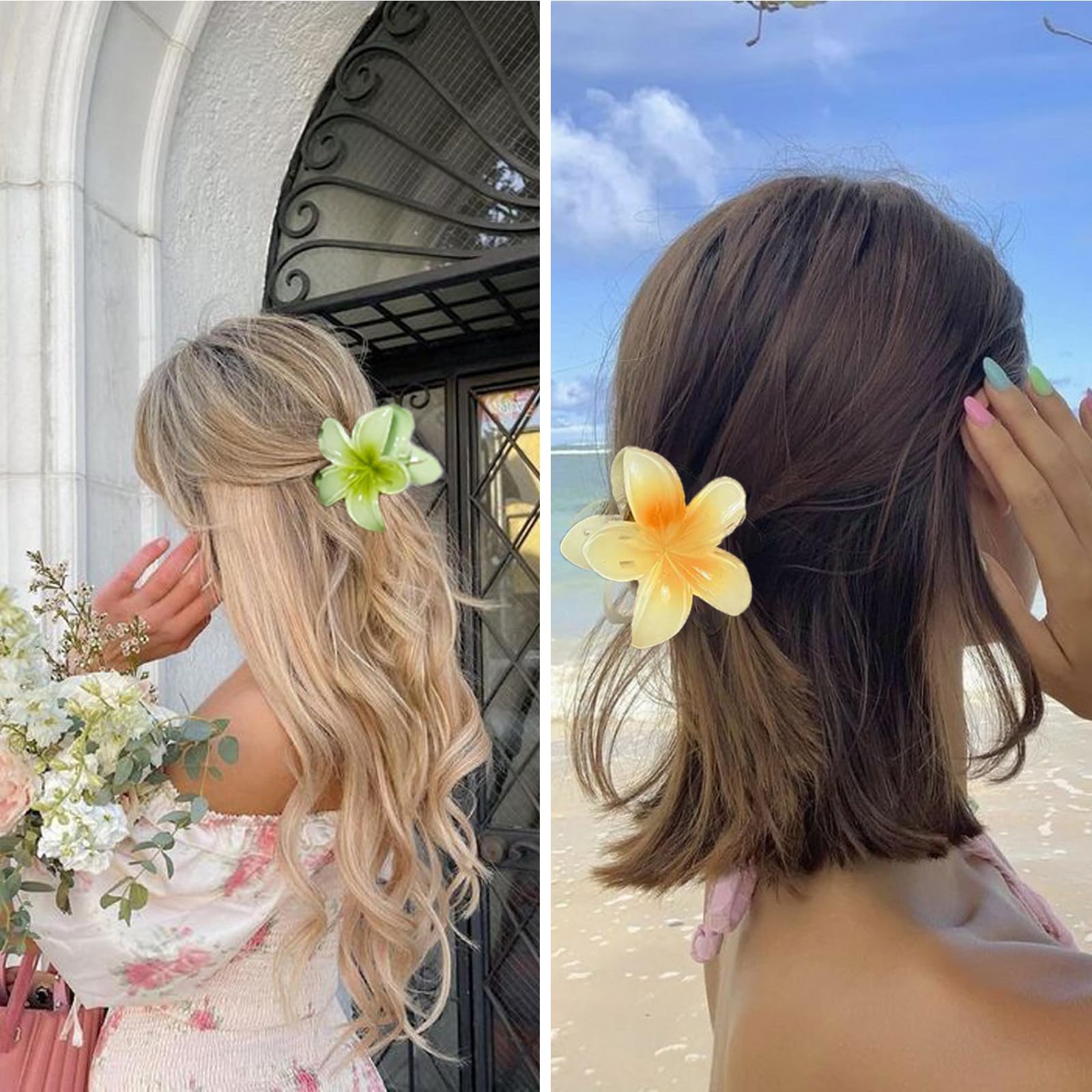 YosaiHom Hawaiian flower clip on a ponytail shows secure hold.