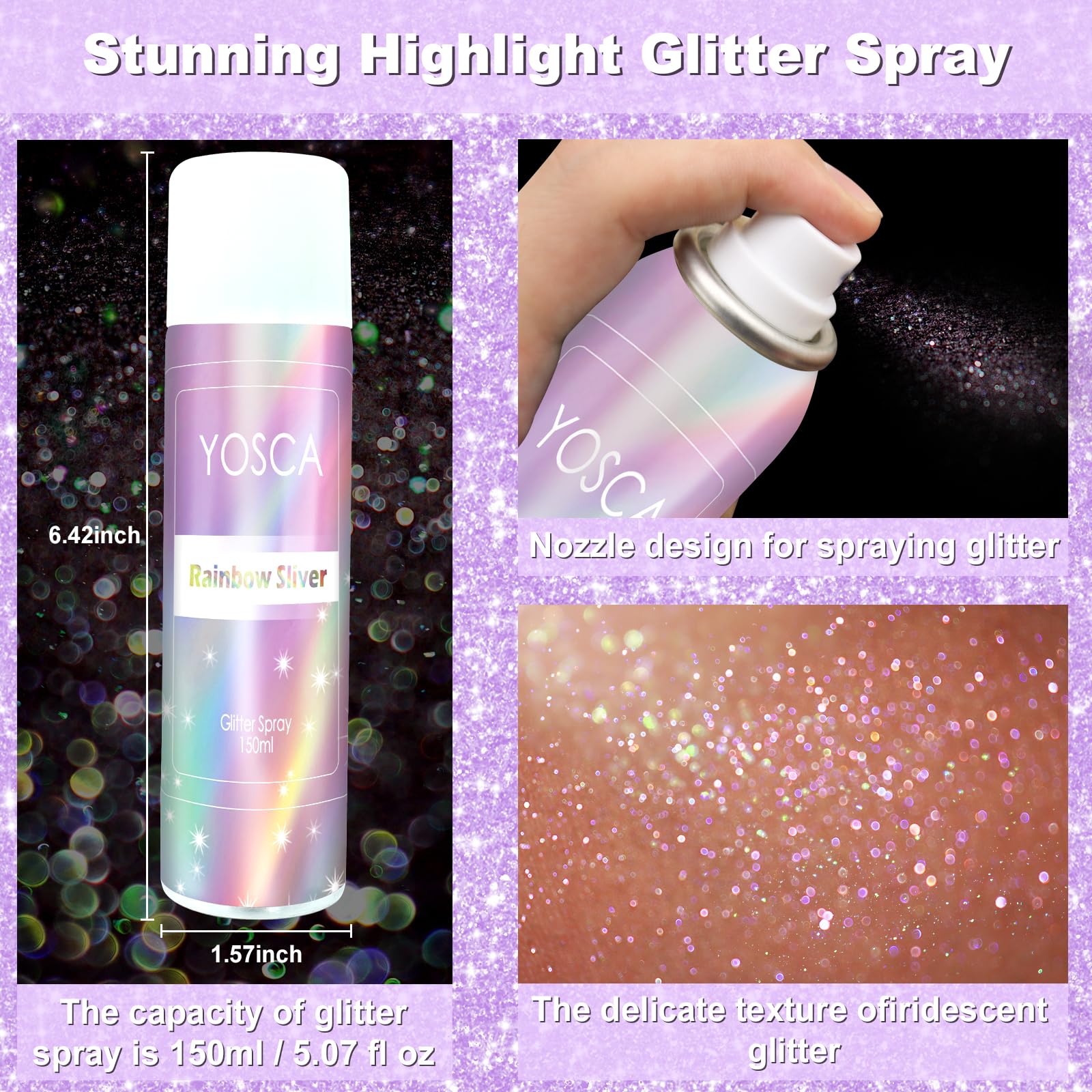 YOSCA Brillo arcoíris en spray para estilo luminoso en eventos.