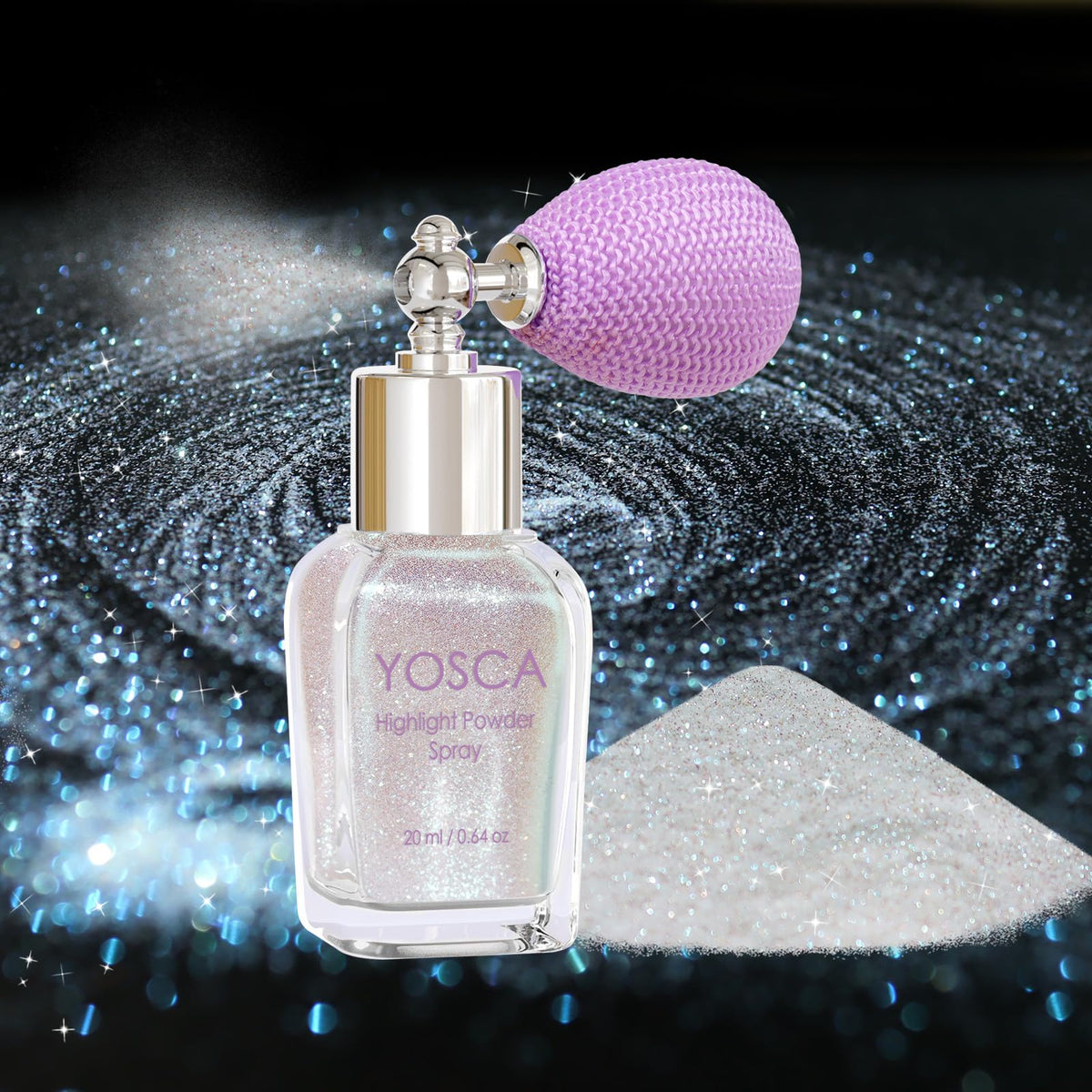 Yosca Glitter Spray: botella de brillo lujoso para looks glamorosos en fiestas.