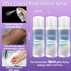 Yosca Spray de purpurina para festivales brillo rápido y duradero