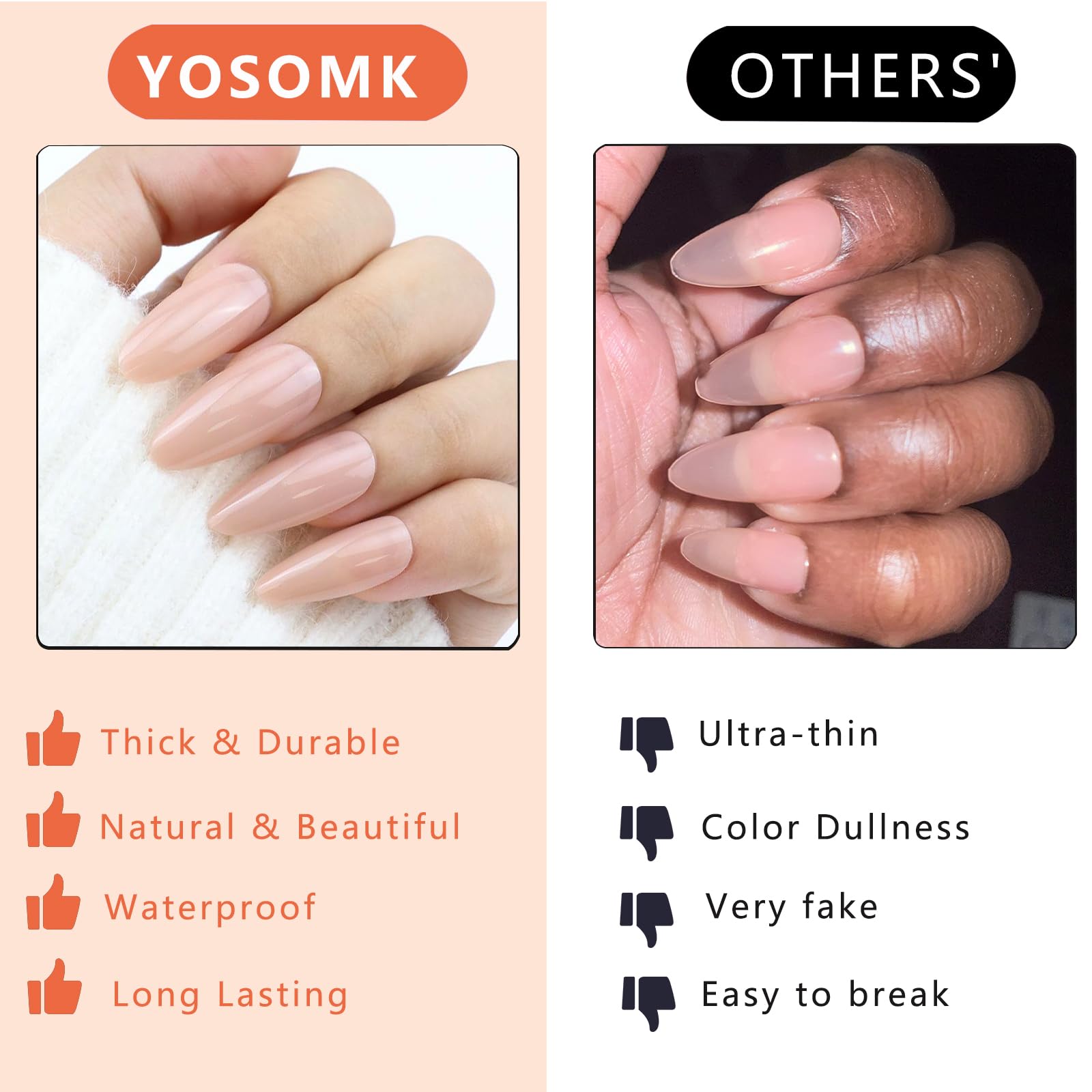 YOSOMK pack includes 24 nails, 24 glues, and 12 sizes for a custom fit.