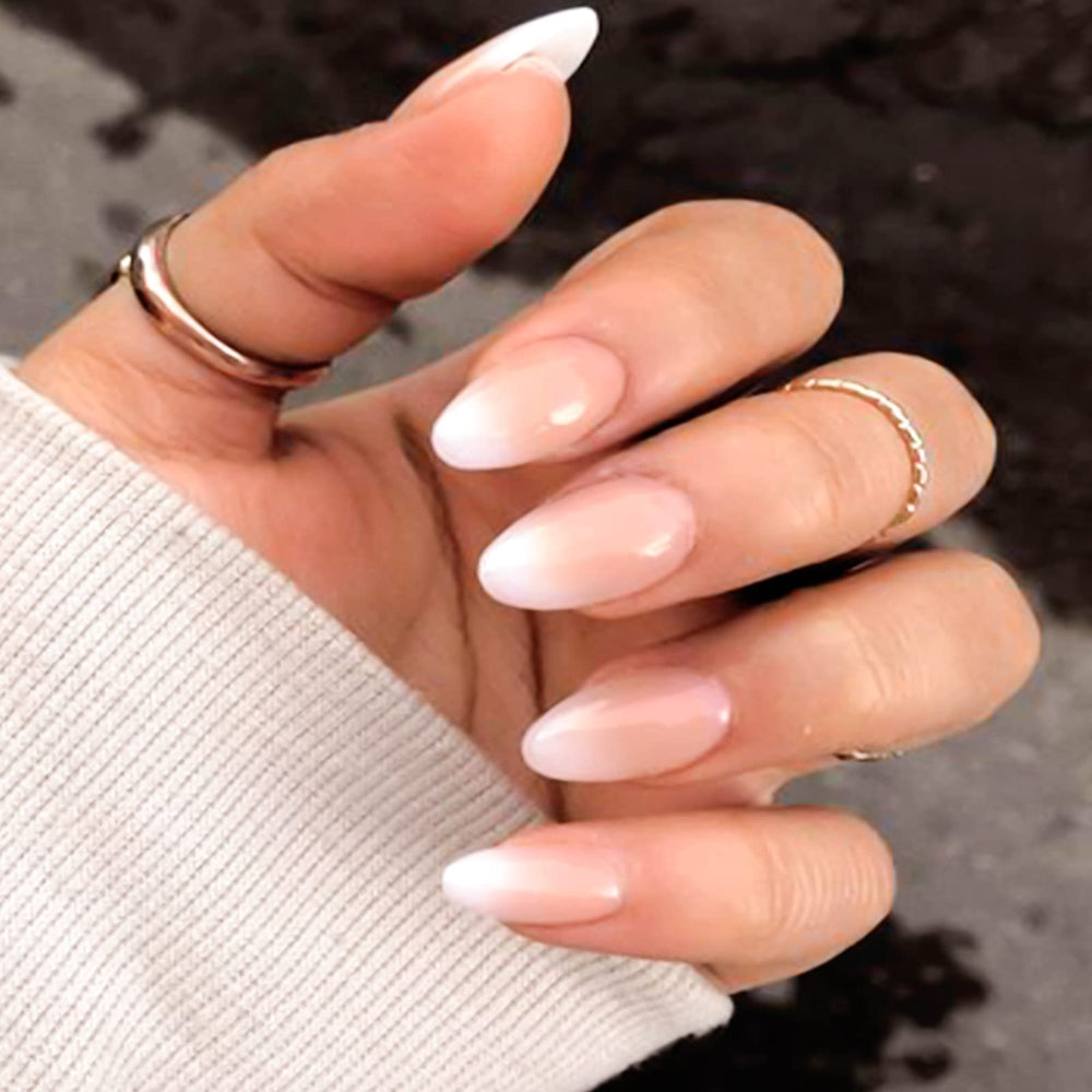 YOSOMK press on nails almond natural ombre pink white close-up, showing smooth edges and color blend.