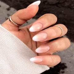 YOSOMK press on nails almond natural ombre pink white close-up, showing smooth edges and color blend.
