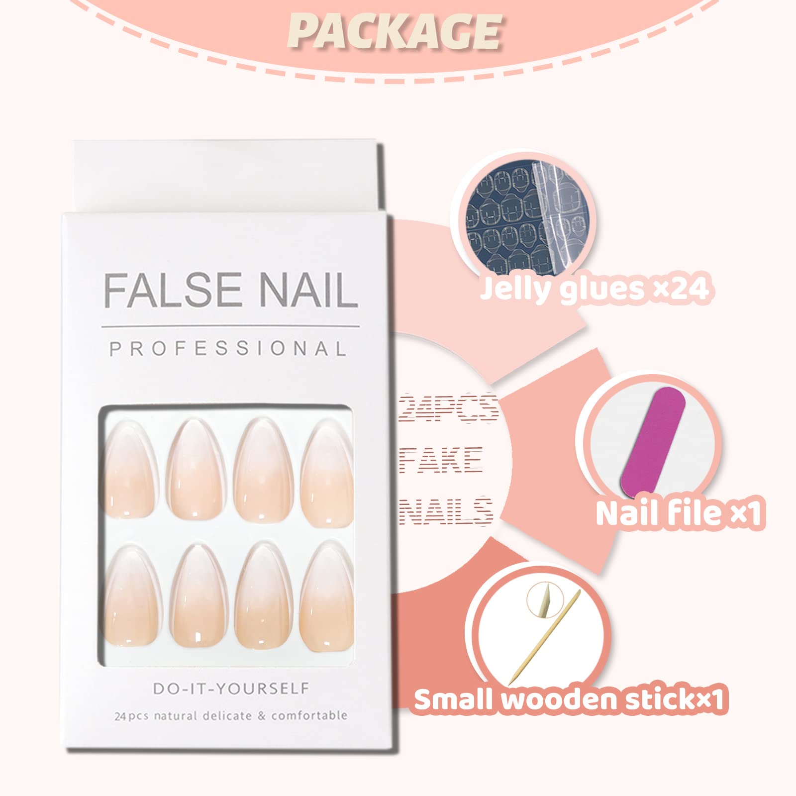 YOSOMK press on nails almond natural ombre pink white gloss, salon-like shine at home.