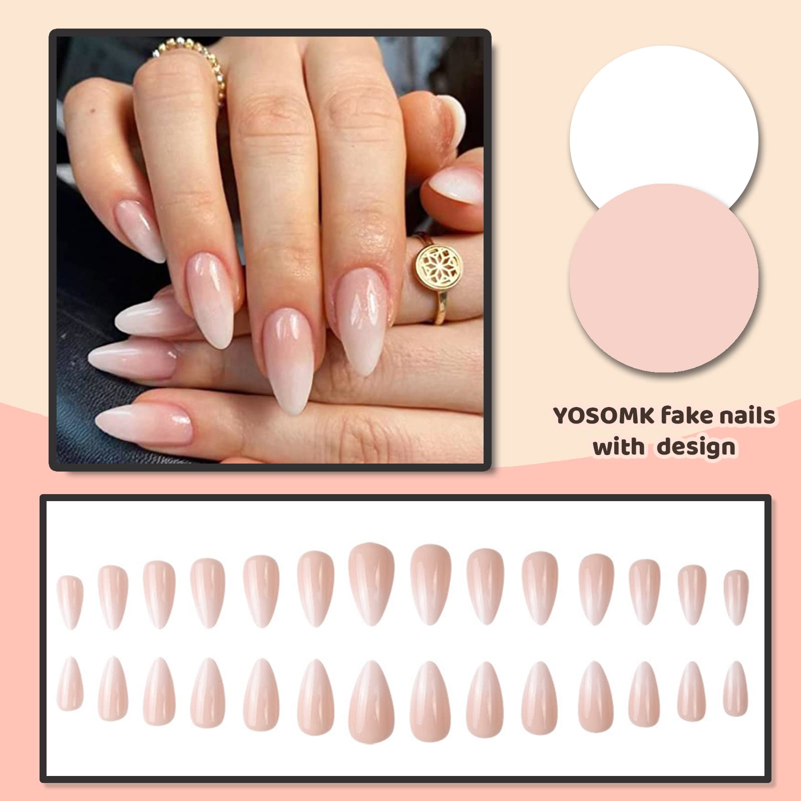 YOSOMK press on nails almond natural ombre pink white nail design for versatile looks.