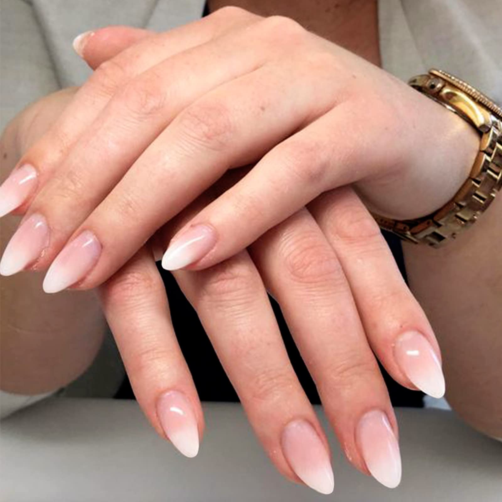 YOSOMK press on nails almond natural ombre pink white on-hand view, versatile for daily wear.