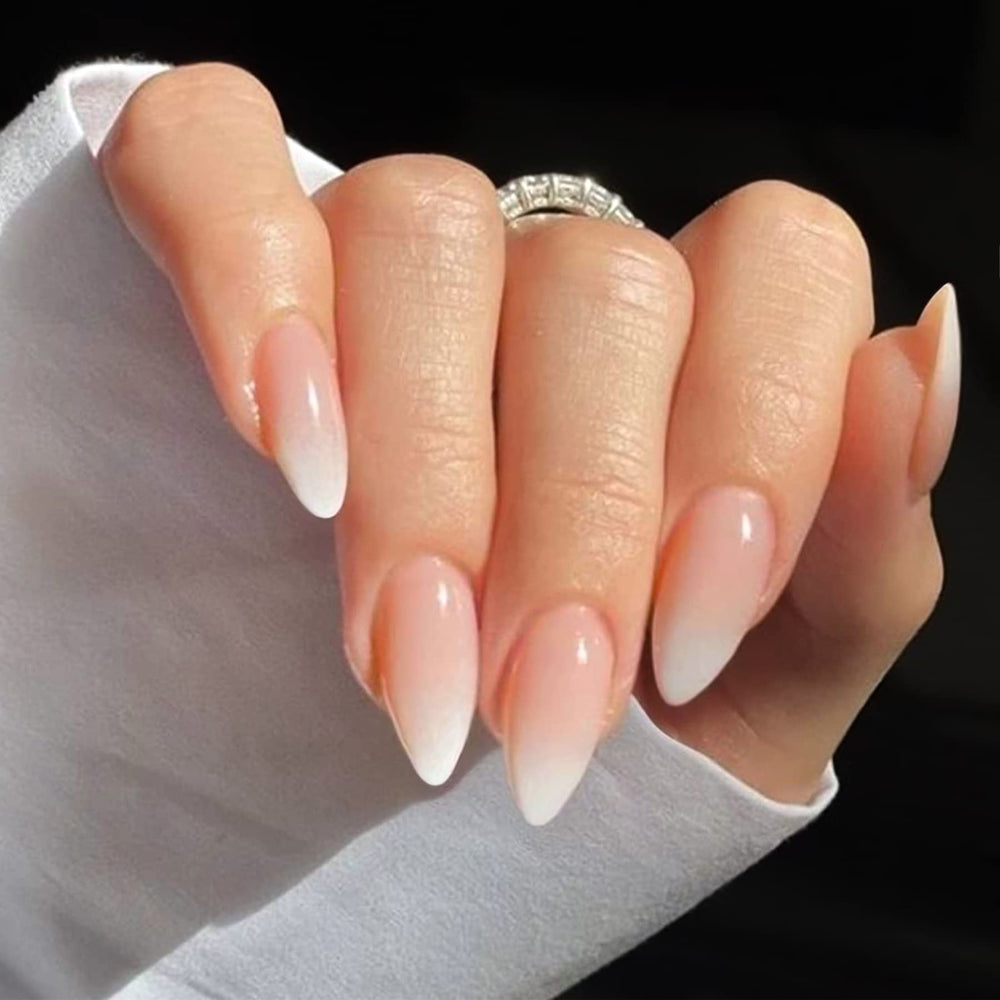 YOSOMK press on nails almond set with natural ombre pink-white packaging, ideal for quick at-home manicures.