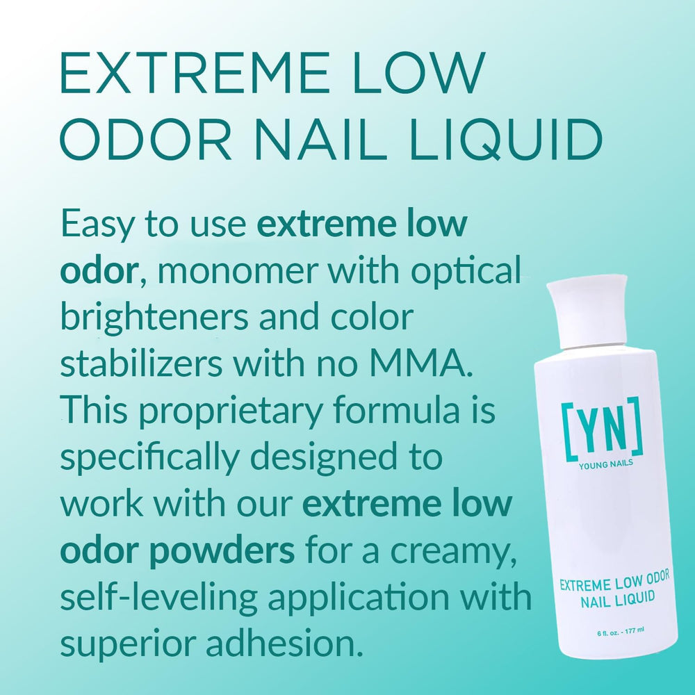Young Nails Extreme Low Odor Liquid Monomer enables self-leveling, durable acrylic applications.